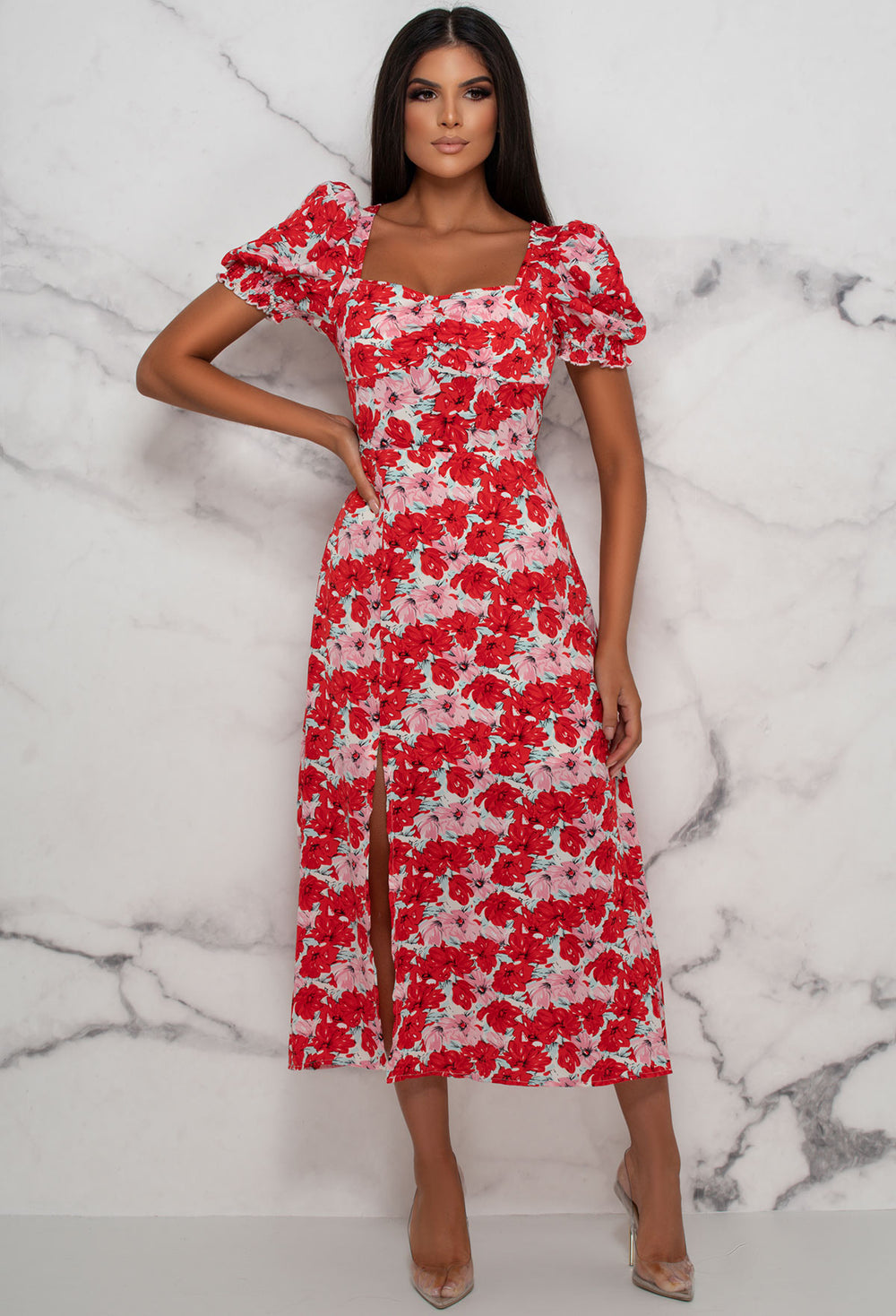 Summer Soiree Red Floral Midi Dress ...